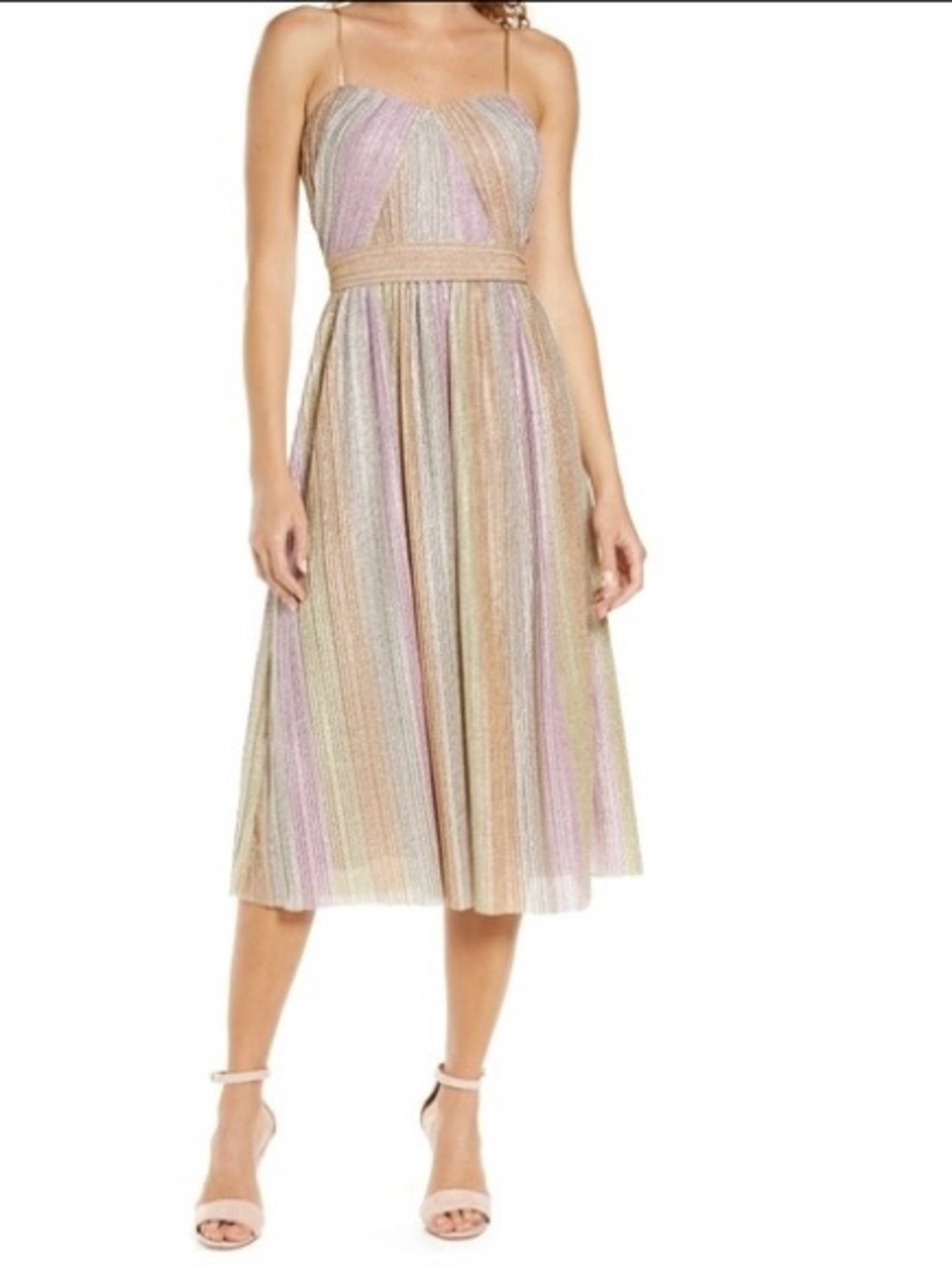 Vince Camuto Metallic Striped Midi Dress in Gold, Pink & Lilac